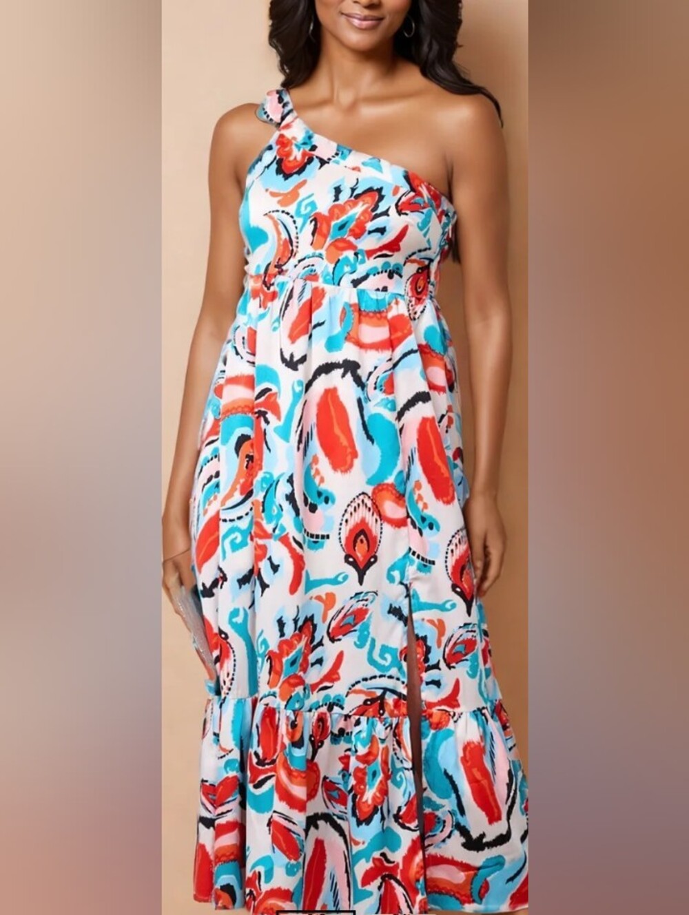 TCEC One-Shoulder Coral & Aqua Print Maxi Dress Size Small